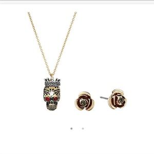 BETSEY JOHNSON HALLOWEEN SKULL NECKLACE & ROSEBUD EARRINGS SET